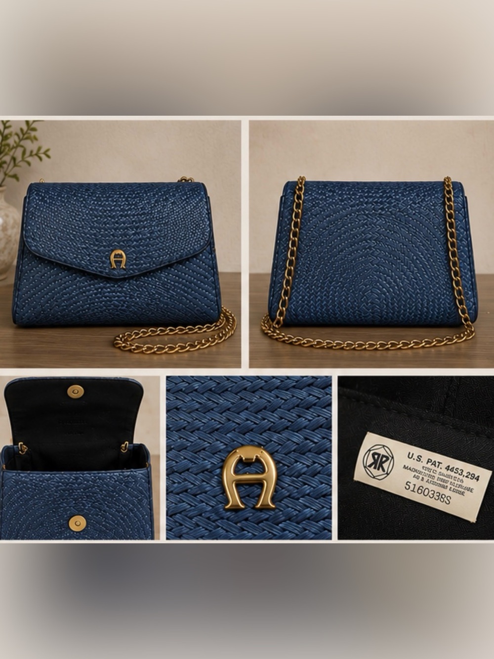 Vintage Etienne Aigner Blue Woven Shoulder Bag Gold Chain Horseshoe A Purse